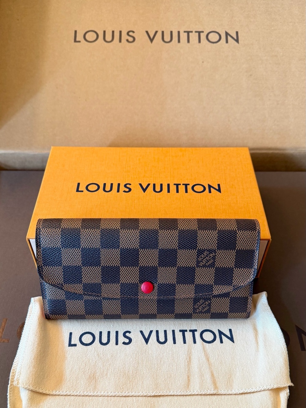 Louis Vuitton Damier Ebene Wallet with Red Snap